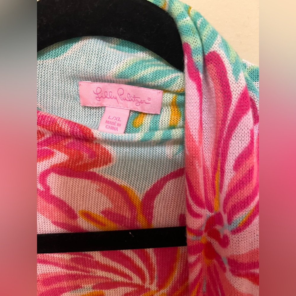 Lilly Pulitzer L/XL Open Swing Cardigan Shawl Swing Teal Pink Draped Jacey - Picture 7 of 11